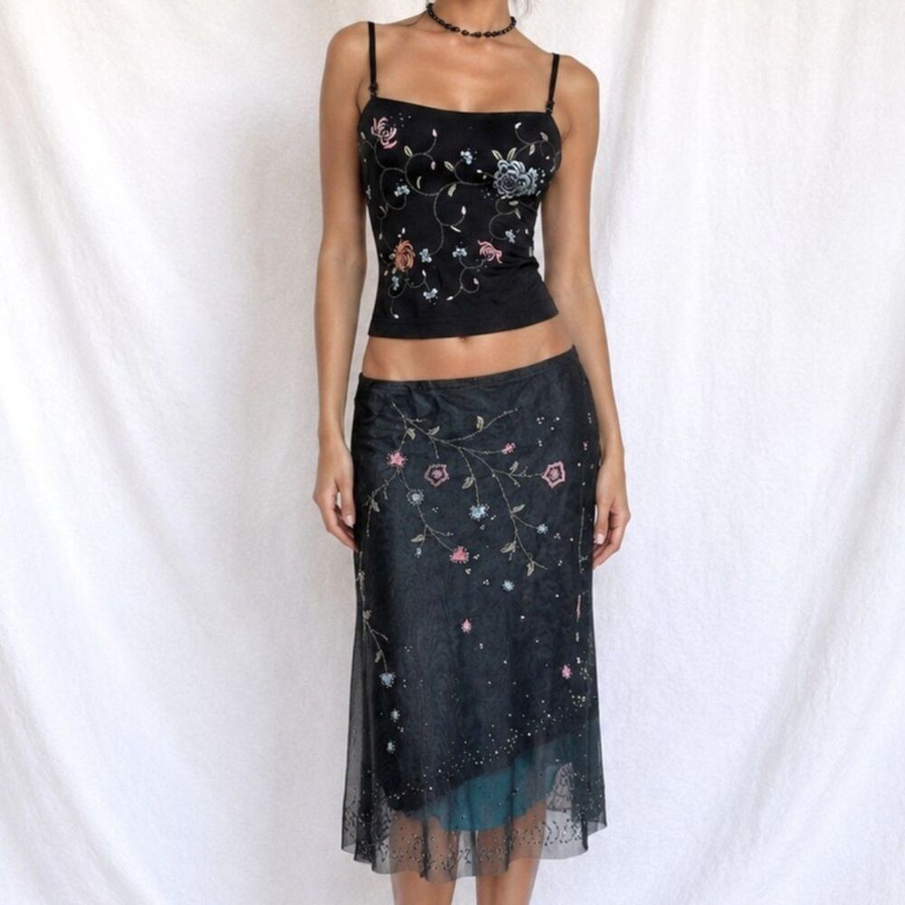Vintage Y2K Blue Knit Mesh Floral Cami Top Bodycon Skirt Two Piece Set Size S